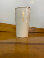 Starbucks White Ceramic “Zipper” Travel Tumbler With Gold Lid – 10 oz