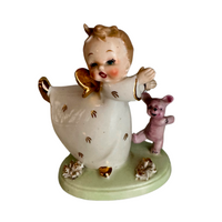 Rare Vintage Japanese Porcelain Dancing Angel Figurine with Pink Bear