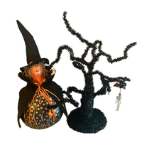 Vintage Halloween Plastic Witch and Black Tinsel Tree