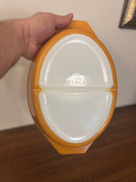 Pyrex Orange-Caramel-White Oval Glass Double-Divided Casserole Dish 1qt