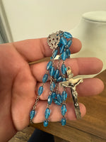 Vintage Silver Tone Religious Rosary Cross with Faceted light Blue Crystals-Glass Beads