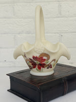 Vintage Fenton White Custard Glass Christmas Basket with Hand-Painted Poinsettia Design by S. Smith
