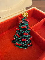 Vintage Enamel Christmas Tree with Red Bows and Gold-tone Star Brooch Pin