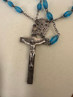 Vintage Silver Tone Religious Rosary Cross with Faceted light Blue Crystals-Glass Beads