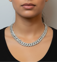 Zircon Iced Out 14k White Gold Tone Cuban Link Necklace and Bracelet Set