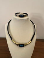 Metal Gold-tone and Leather Dichroic Glass Set of Bracelet and Chocker Necklace