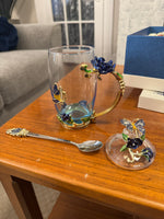 BTaT Brew To Tea A Cups with Lids Spoons Butterfly Flowers Design Glass Set