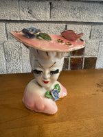 Vintage Lady Head Vase Planter – Pink Hat w/ Flowers – Vase – Mid Century Ceramic A503