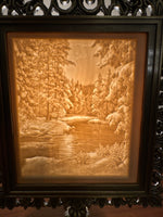 Landscape River-Trees Porcelain Lithophane on Metal Light Stand Light Night Lamp