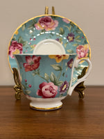 Vintage Heirloom English Fine Bone China Pastel Blue Floral Tea Cup and Saucer