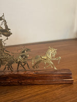 Vintage Engraved Brass Chariot with Krishna, Arjuna, and Hanuman on Wood Base