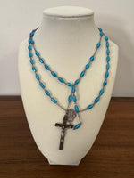 Vintage Silver Tone Religious Rosary Cross with Faceted light Blue Crystals-Glass Beads