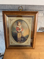 Vintage Turner Wall Art Set of 2 – Boy with Dog & Girl with Cat – Ornate Gold Oval Prints – Mid Century