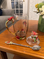 BTaT Brew To Tea A Cups with Lids Spoons Butterfly Flowers Design Glass Set