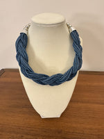 Braided Blue-Silver-tone Glass-Metal Beaded Necklace