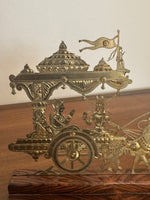 Vintage Engraved Brass Chariot with Krishna, Arjuna, and Hanuman on Wood Base