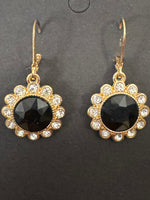 Monet Gold-tone Black Crystal Clear Rhinestones Flower Dangle Earrings
