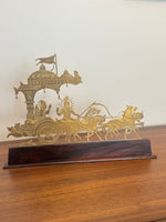 Vintage Engraved Brass Chariot with Krishna, Arjuna, and Hanuman on Wood Base