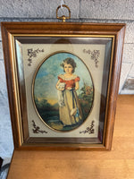 Vintage Turner Wall Art Set of 2 – Boy with Dog & Girl with Cat – Ornate Gold Oval Prints – Mid Century