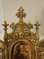 Vintage Jesus Traveling-Table Triptych Religious Metal Relive Mini Altar-Frame