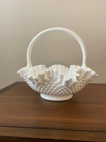 Vintage Milk Glass Fenton Ruffled Basket Bowl