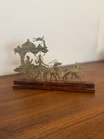 Vintage Engraved Brass Chariot with Krishna, Arjuna, and Hanuman on Wood Base