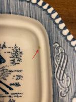 Ceramic Blue Transfer Butter Dish Currier and Ives Horse Ride at the Shore