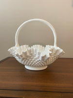 Vintage Milk Glass Fenton Ruffled Basket Bowl