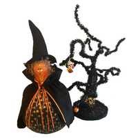 Vintage Halloween Plastic Witch and Black Tinsel Tree