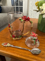 BTaT Brew To Tea A Cups with Lids Spoons Butterfly Flowers Design Glass Set