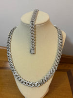 Zircon Iced Out 14k White Gold Tone Cuban Link Necklace and Bracelet Set