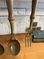 Vintage European Brass & Wood Hanging Utensil Rack Set (4 Pc Wall Mount Kitchen Tools)
