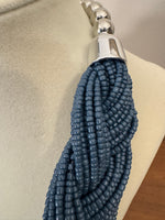 Braided Blue-Silver-tone Glass-Metal Beaded Necklace