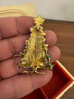 Vintage Enamel Christmas Tree with Red Bows and Gold-tone Star Brooch Pin