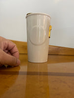 Starbucks White Ceramic “Zipper” Travel Tumbler With Gold Lid – 10 oz