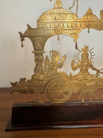 Vintage Engraved Brass Chariot with Krishna, Arjuna, and Hanuman on Wood Base