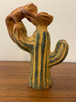 Vintage Ceramic Terracotta Iguana and Cactus Candleholder
