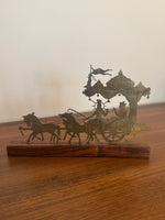 Vintage Engraved Brass Chariot with Krishna, Arjuna, and Hanuman on Wood Base
