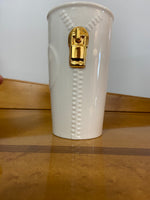 Starbucks White Ceramic “Zipper” Travel Tumbler With Gold Lid – 10 oz