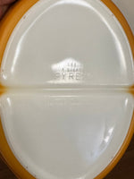 Pyrex Orange-Caramel-White Oval Glass Double-Divided Casserole Dish 1qt