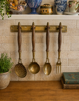 Vintage European Brass & Wood Hanging Utensil Rack Set (4 Pc Wall Mount Kitchen Tools)