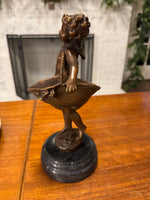 Sculpture Figurine Girl Carrying Two Baskets Bronze with Marble Base