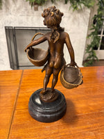 Sculpture Figurine Girl Carrying Two Baskets Bronze with Marble Base