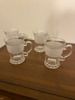 Vintage Athens Glass Crystal Mug-Cup Frosted Band Acanthus Leaf Patterns Set 4