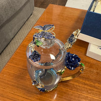 BTaT Brew To Tea A Cups with Lids Spoons Butterfly Flowers Design Glass Set