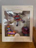 Wondershop Xmas Handblown Glass Ornaments Set of 3 Mexican Sugar Skull Pinata Star
