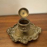 Antique Ornated Solid Brass Inkwell