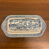 Ceramic Blue Transfer Butter Dish Currier and Ives Horse Ride at the Shore