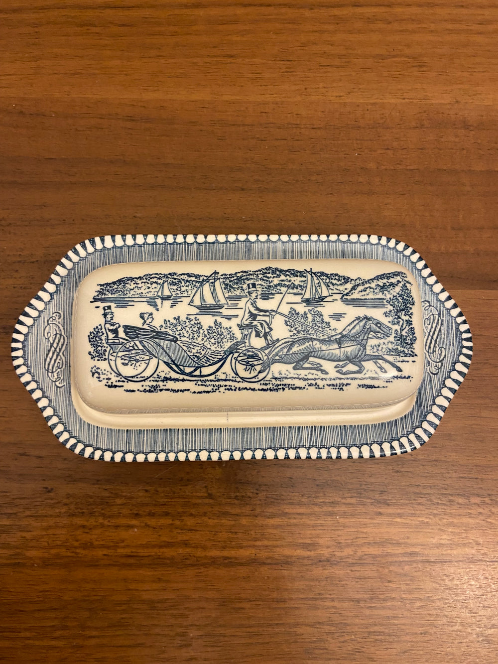 Ceramic Blue Transfer Butter Dish Currier and Ives Horse Ride at the Shore