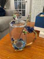 BTaT Brew To Tea A Cups with Lids Spoons Butterfly Flowers Design Glass Set
